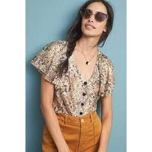 Anthropologie Eva Franco Brown Snake Print Lace Top Flutter Sleeve Size XS